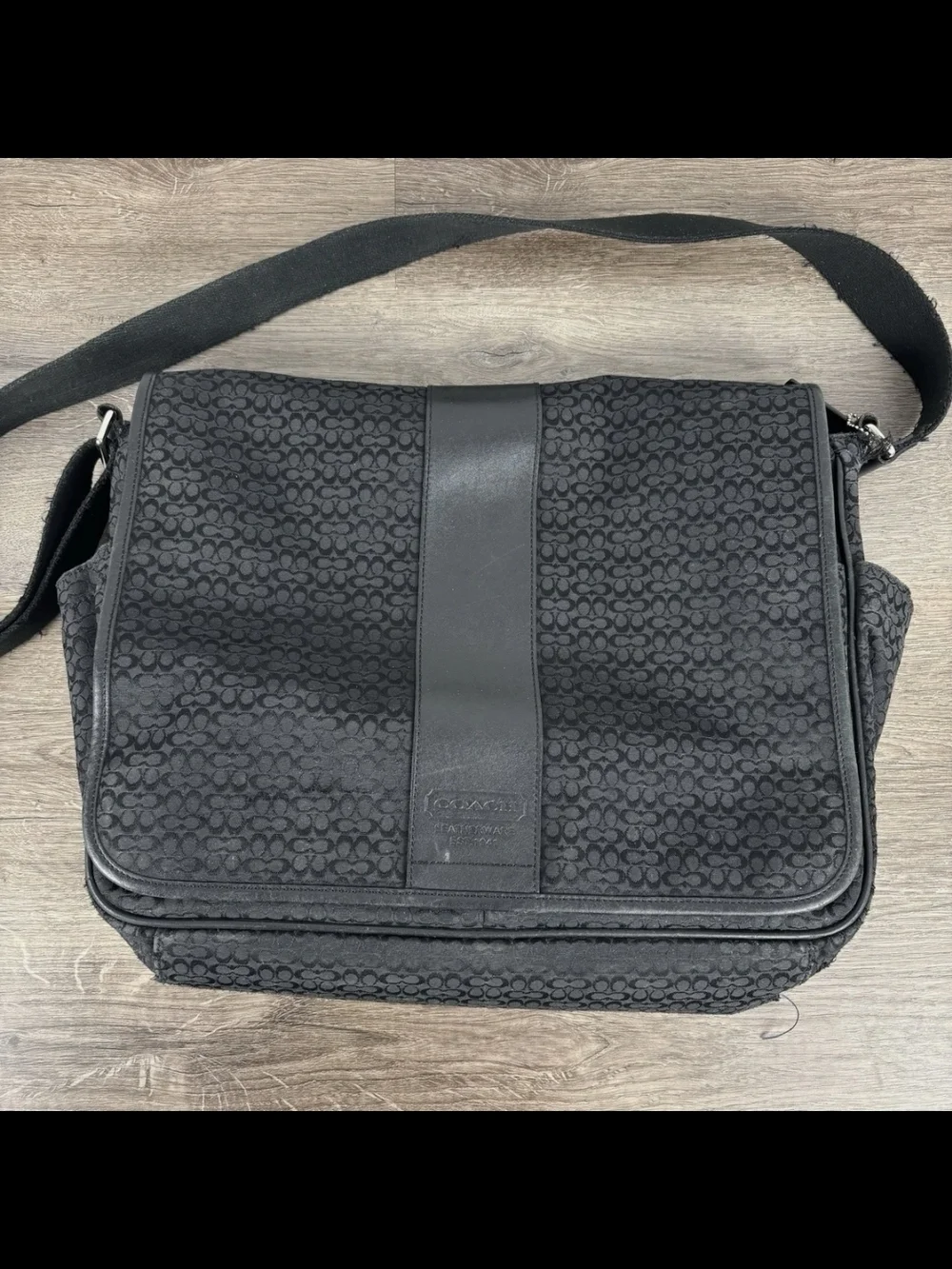 Coach Black Signature Jacquard Messenger Bag with Center Leather Panel
